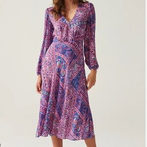 Ba&sh Franky Paisley Midi Dress Size 2 Women Long Sleeve Viscose V Neck Boho